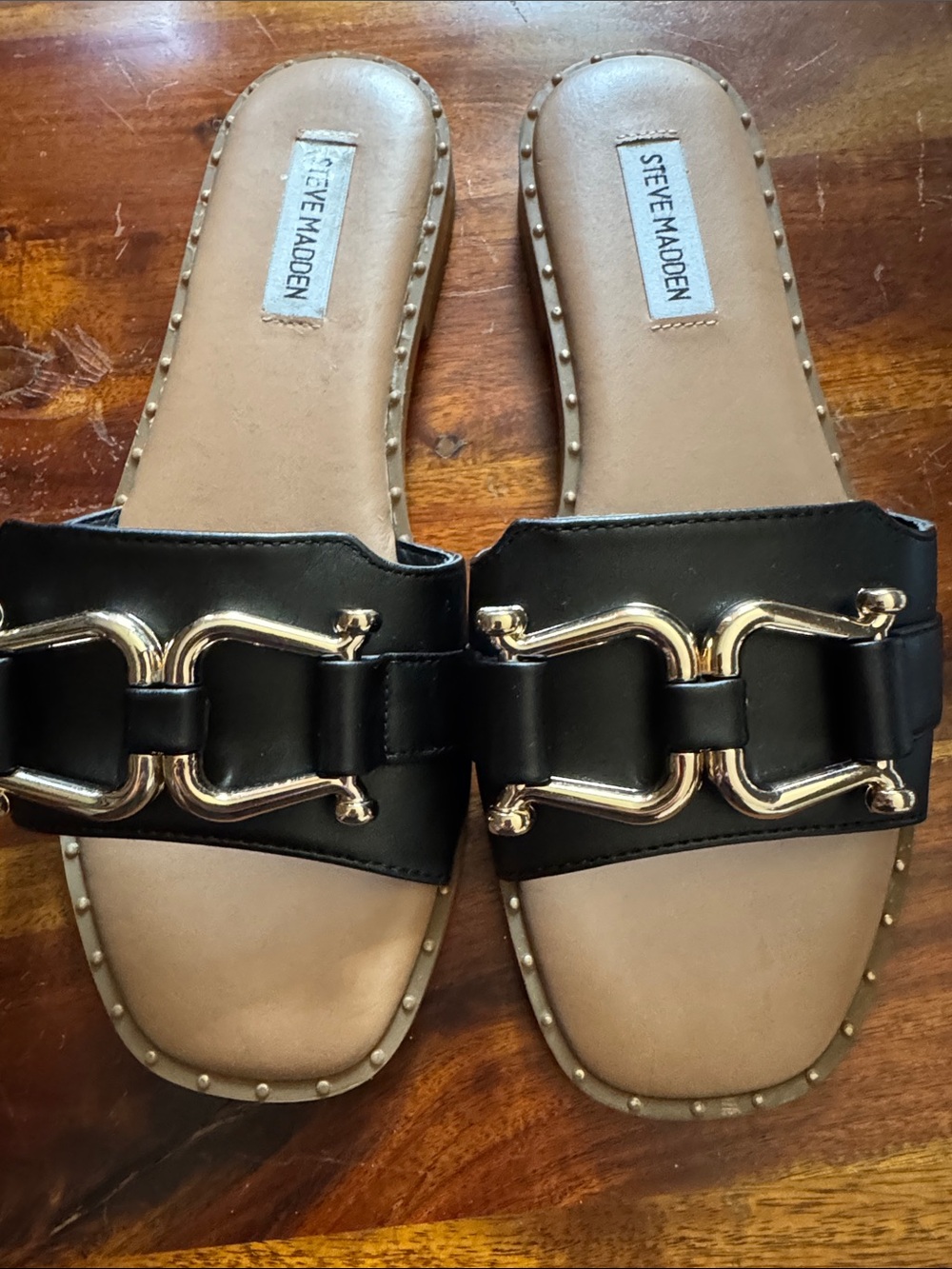 Steve Madden Black Leather Slide Mules with Gold Buckle - Picture 2 of 3